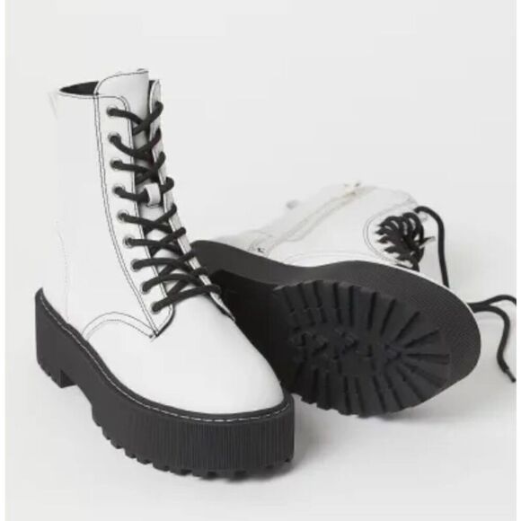 H&M Shoes - Divided NWOB white platform lace up combat boots size 39